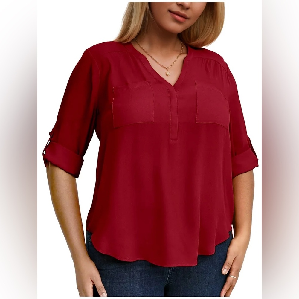 WellSize women’s plus size 3/4 roll sleeve wine red flowy blouse, size 4XL, NWT - Picture 4 of 6
